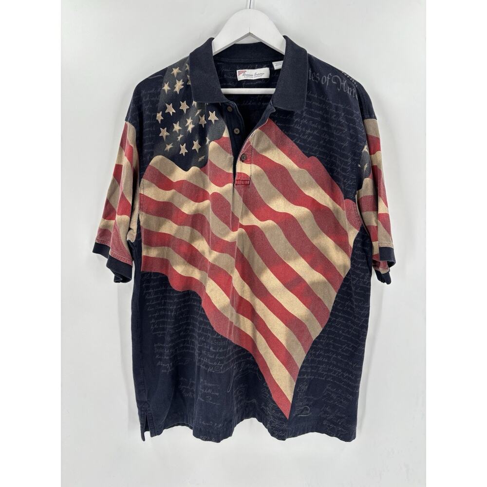 American Summer Polo Shirt Mens XL Blue USA Flag Short Sleeves Cotton Buttons
